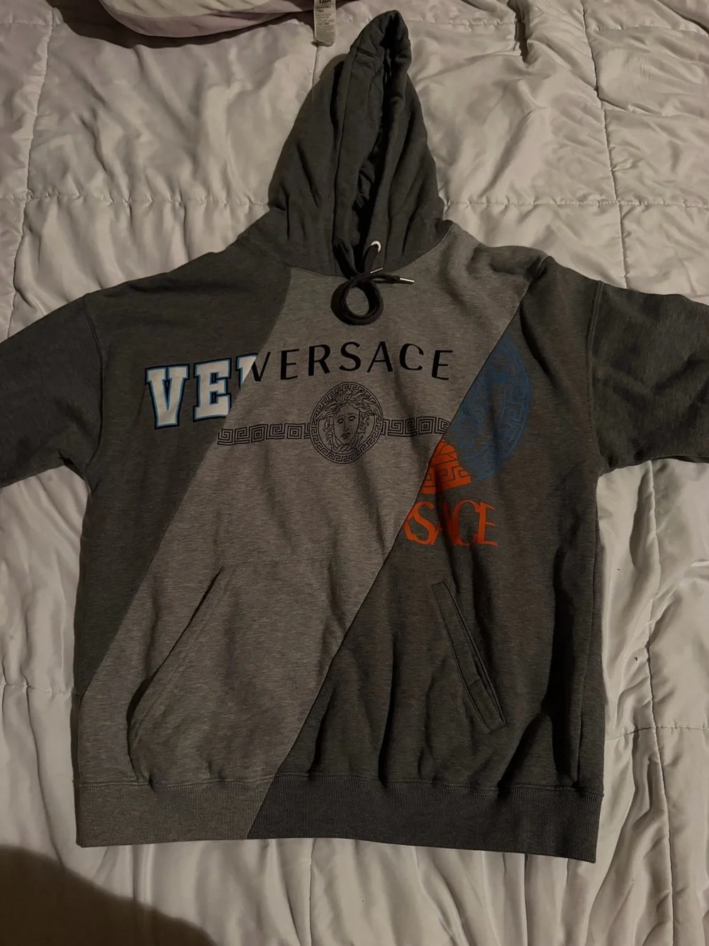 Versace Two-Tone Grey Colorblock Hoodie with Blue & Orange Logo